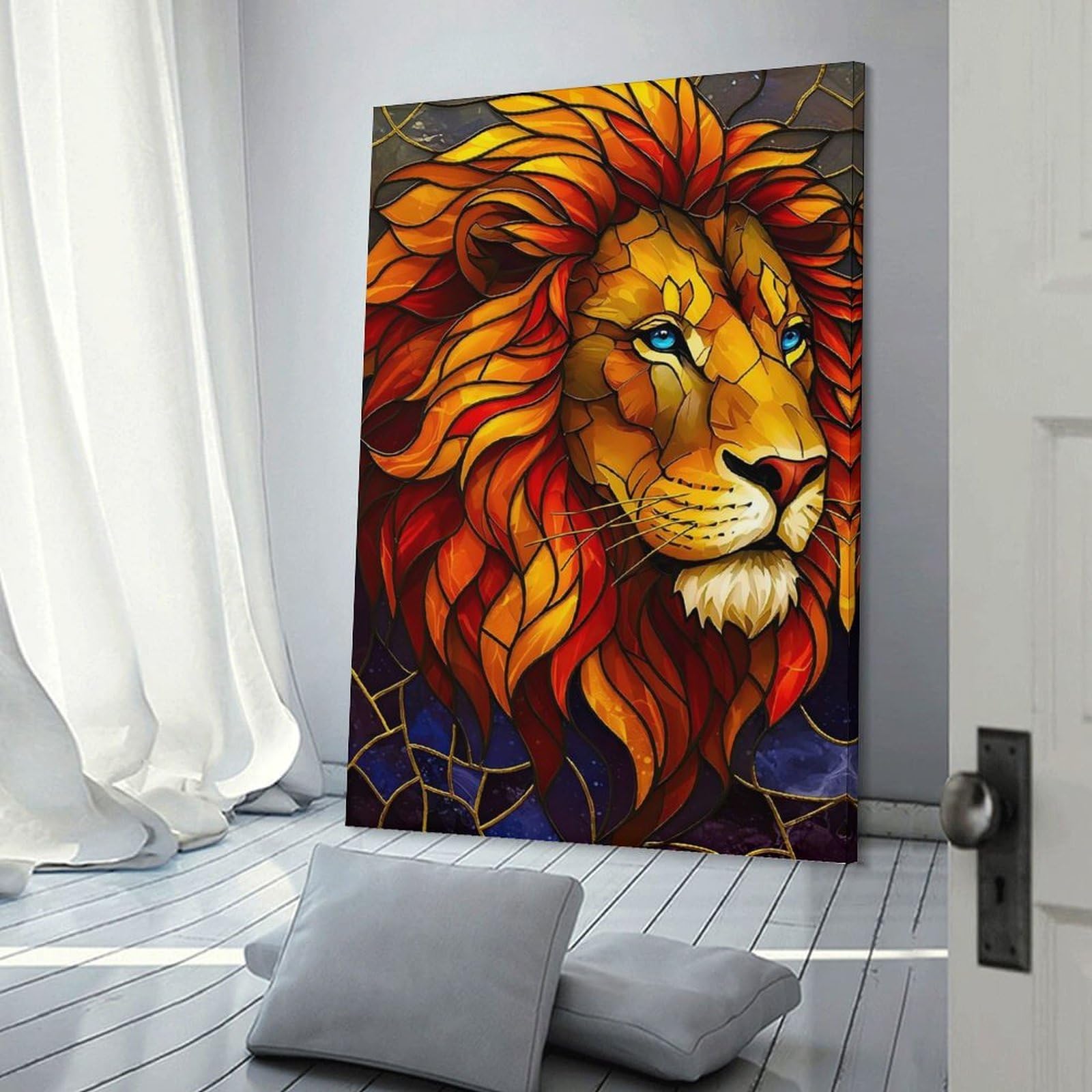 Junmoney Frame-Style-23 Canvas Wall Decor Stained Glass Lion Portrait, 20X30inch(50X75cm), For Home Lounge, Bedroom Or Reading Nook, Eye Catching Artwork For Blank Walls