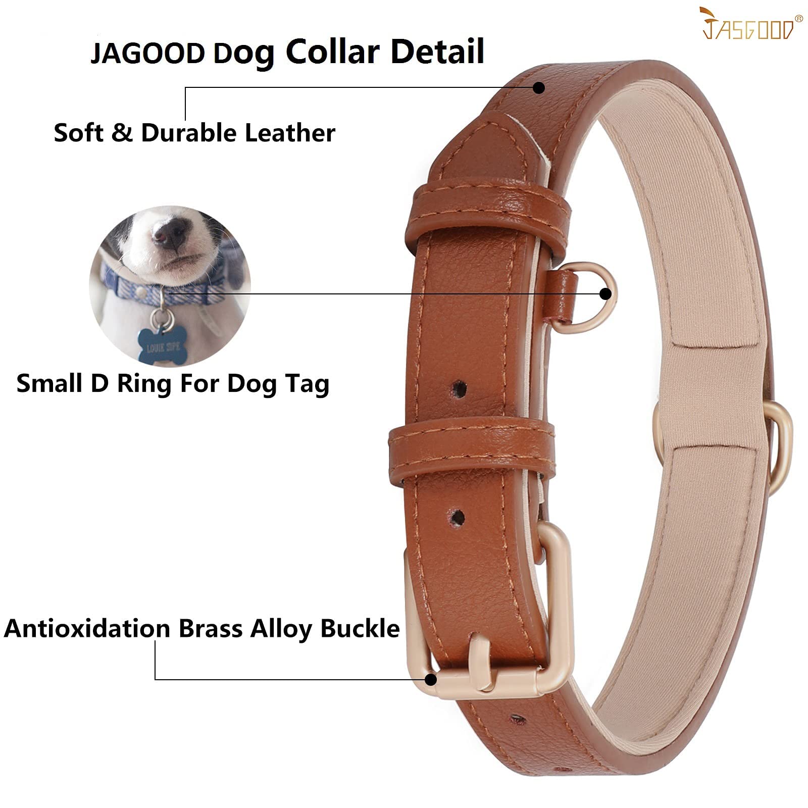 Leather Dog Collar Adjustable Soft Leather Padded Collar Heavy Duty for Small Medium Large Size Dogs with Alloy Buckle(Brown,M) - Image 4