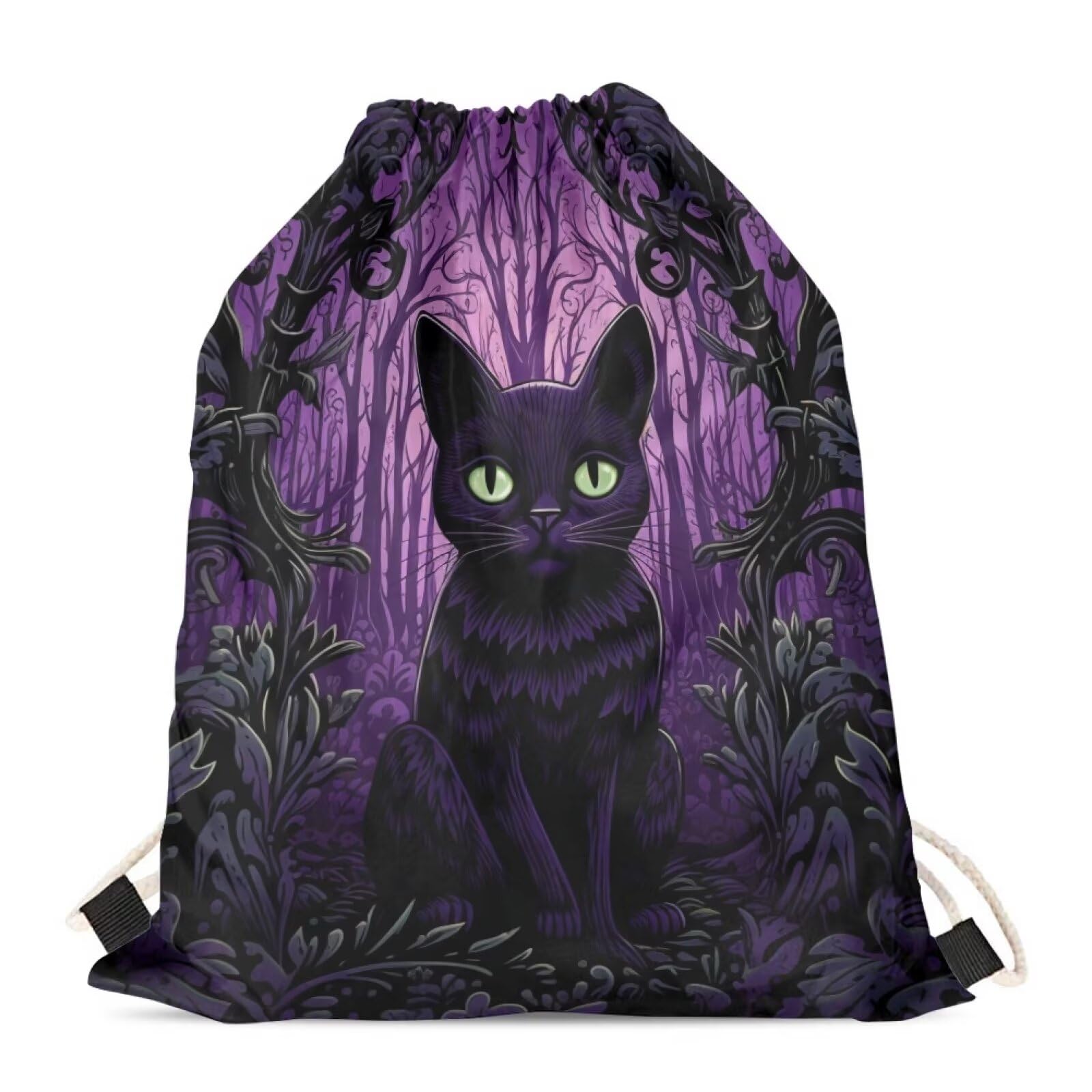 HELLHERO Black Cat Drawstring Bag Athlete String Bag Sports Backpack Reusable Sackpack PE Bags for Outdoor Shopping Party Gifts Beach Halloween Holiday