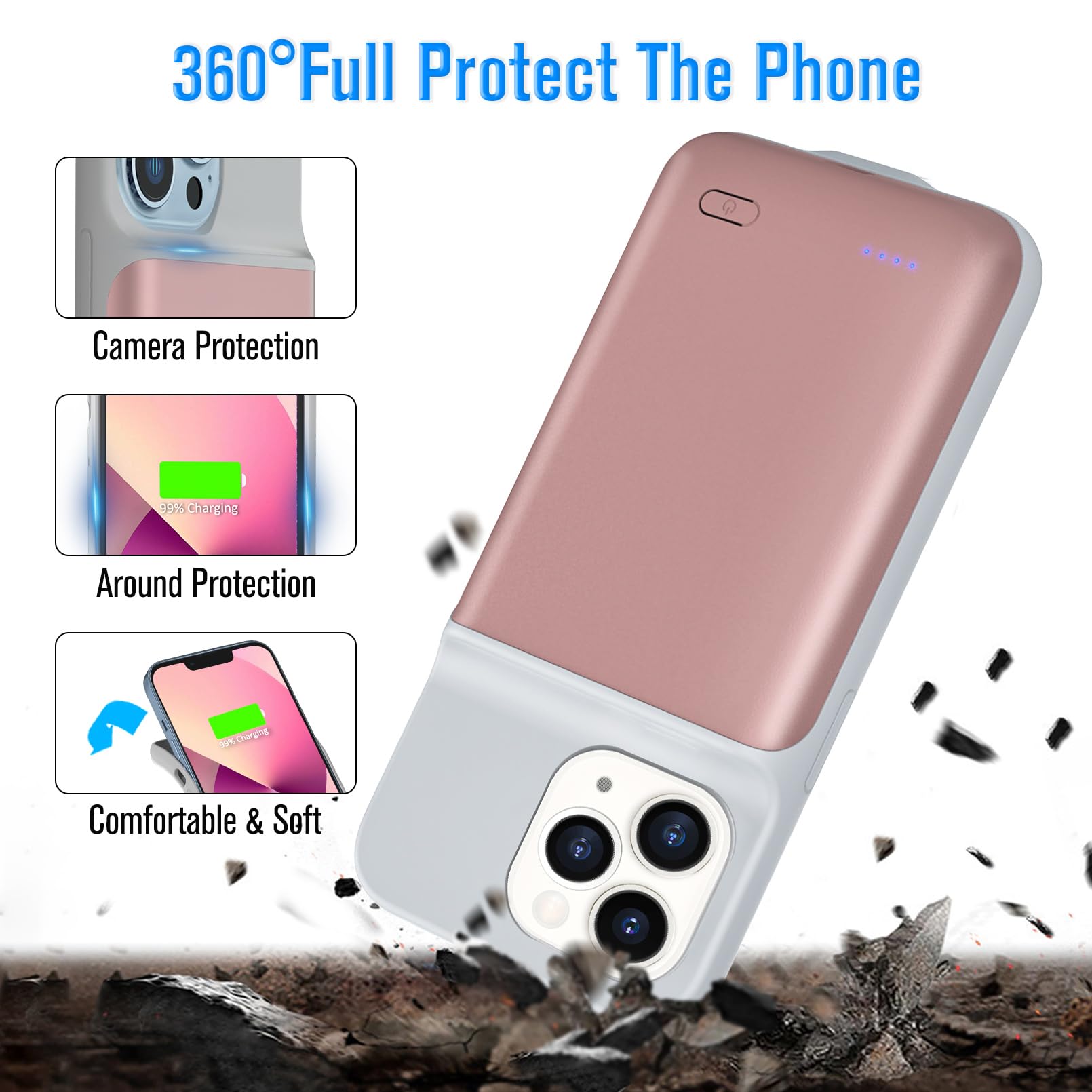Custodia Per Batteria iPhone 13 Pro Max, 5000mah Custodia Caricabatterie Portatile Per iPhone 13 Pro Max, Batteria Estesa Intelligente Ricaricabile Protettiva (6,7 Pollici) (Rosa)