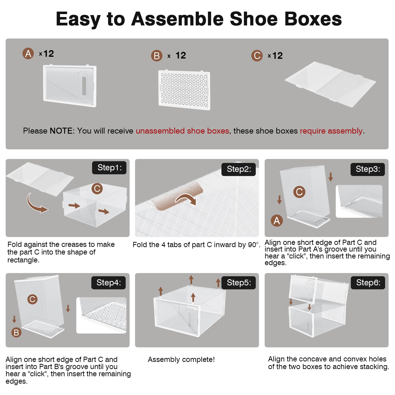 12er Set Schuhboxen stapelbar transparent, faltbare Schuh-Organizer
