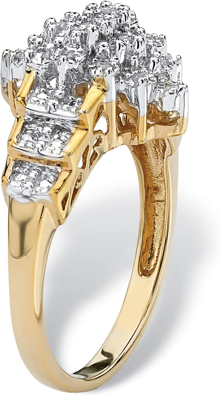 18K Yellow Gold over Sterling Silver Round Genuine Diamond Marquise Shaped Engagement Ring (1/10 cttw, I Color, I3 Clari