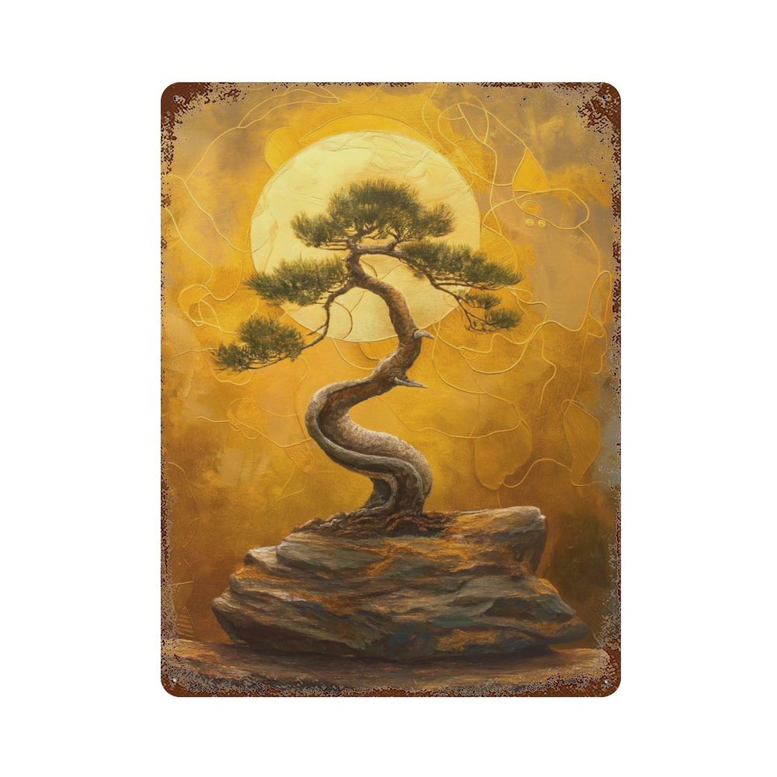 Rust Effect Golden Harmony Bonsai Tree Vintage Rust Metal Sign 15.7"x11.8", Rustic Home Decor for Farmhouse, Kitchen And Entryway Decor