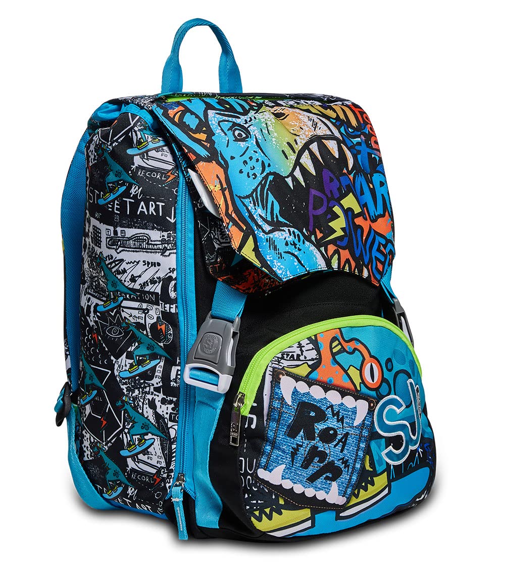 SJ Gang Zaino Scuola Estensibile, Blu Nero, Flip 3D Boy, Zaino Doppio Scomparto Estensibile Con Pattine Sfogliabili, Dinosauro 3D, Scuola Elementare e Tempo libero, Bambino