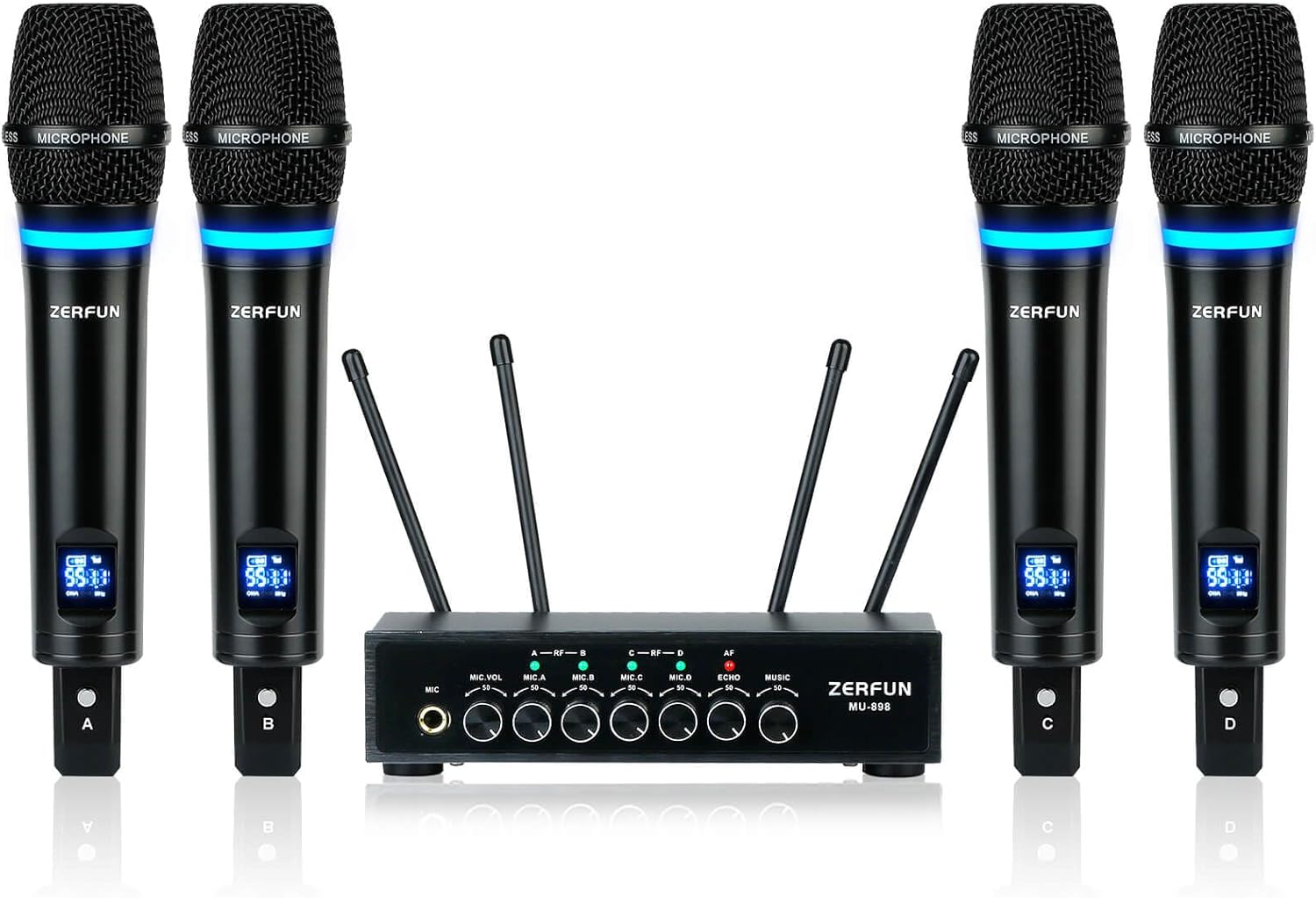 Pro Rechargeable Wireless Microphone System 4 Channel, UHF Metal Handheld Wireless Microphones Cordless Mics with Echo Bluetooth VOL Channel Control for Karaoke Singing Church(MU-898) - Image 8