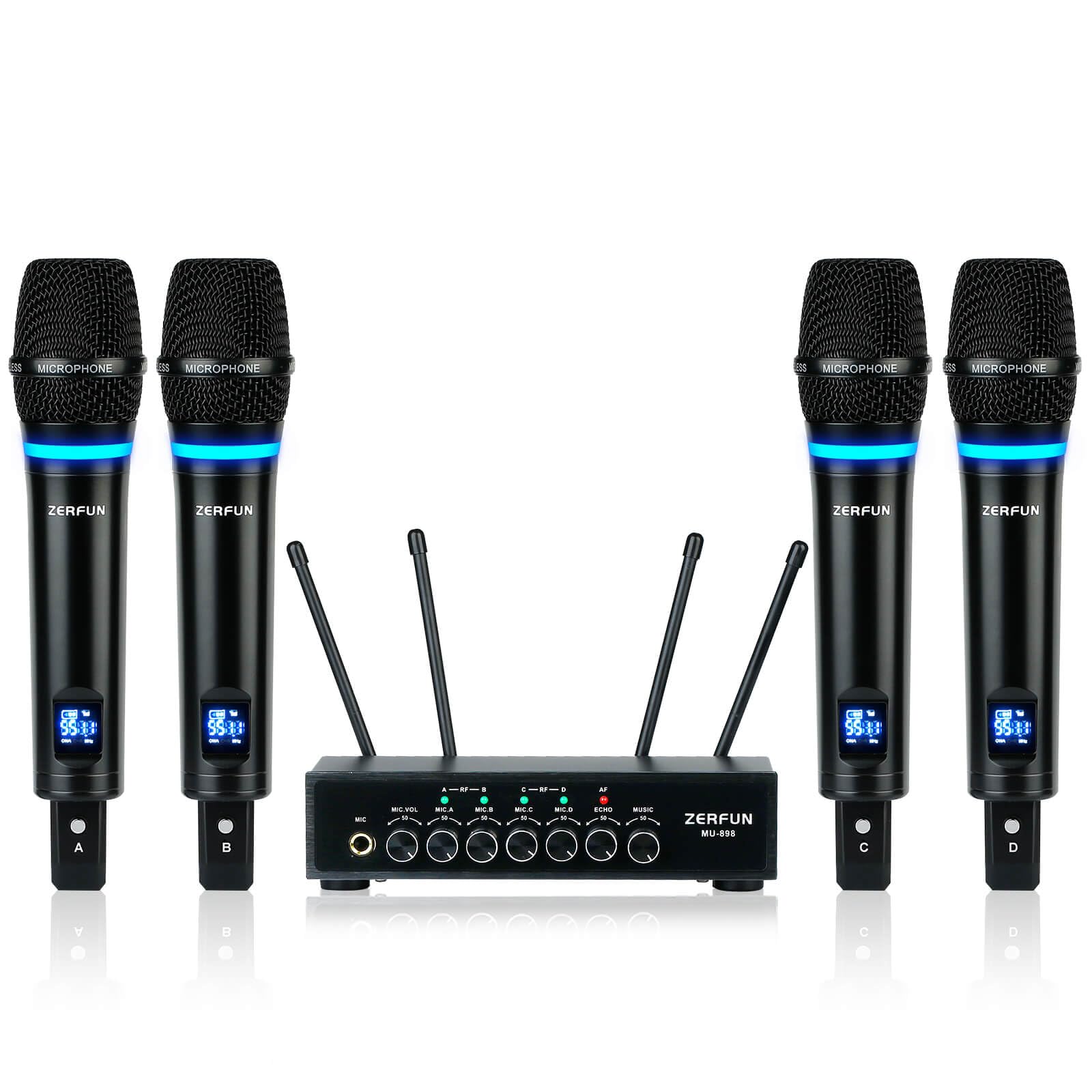 MELKESDE ZERFUN 4-Kanal UHF Wireless Mikrofon System Wiederaufladbar, Metall Handheld Wireless Mikrofone Kabellose Mikrofone Professional mit Echo Bluetooth Lautstärkeregler für Karaoke Singen Kirche