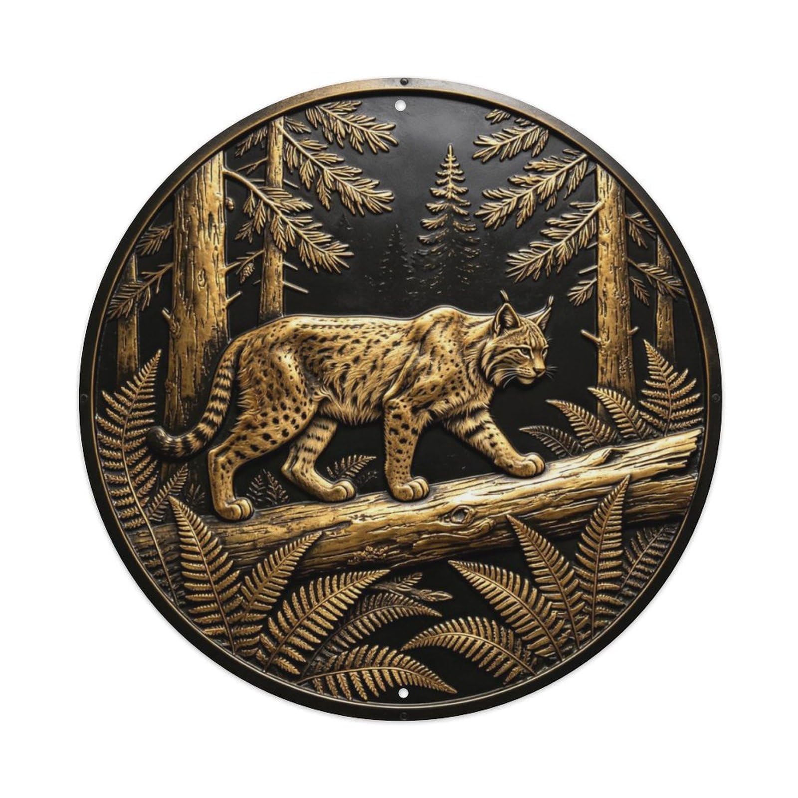 Bobcat on Forest Log Circular Metal Tin Sign Plaque