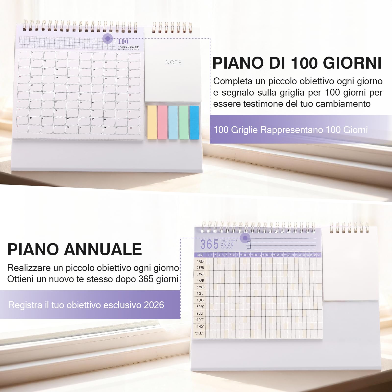 Calendario Da Tavolo 2026 GWHOLE In Italiano - Con Mini-memo, Etichette Colorate, Obiettivi Mensili (per Scuola, Ufficio, Casa)
