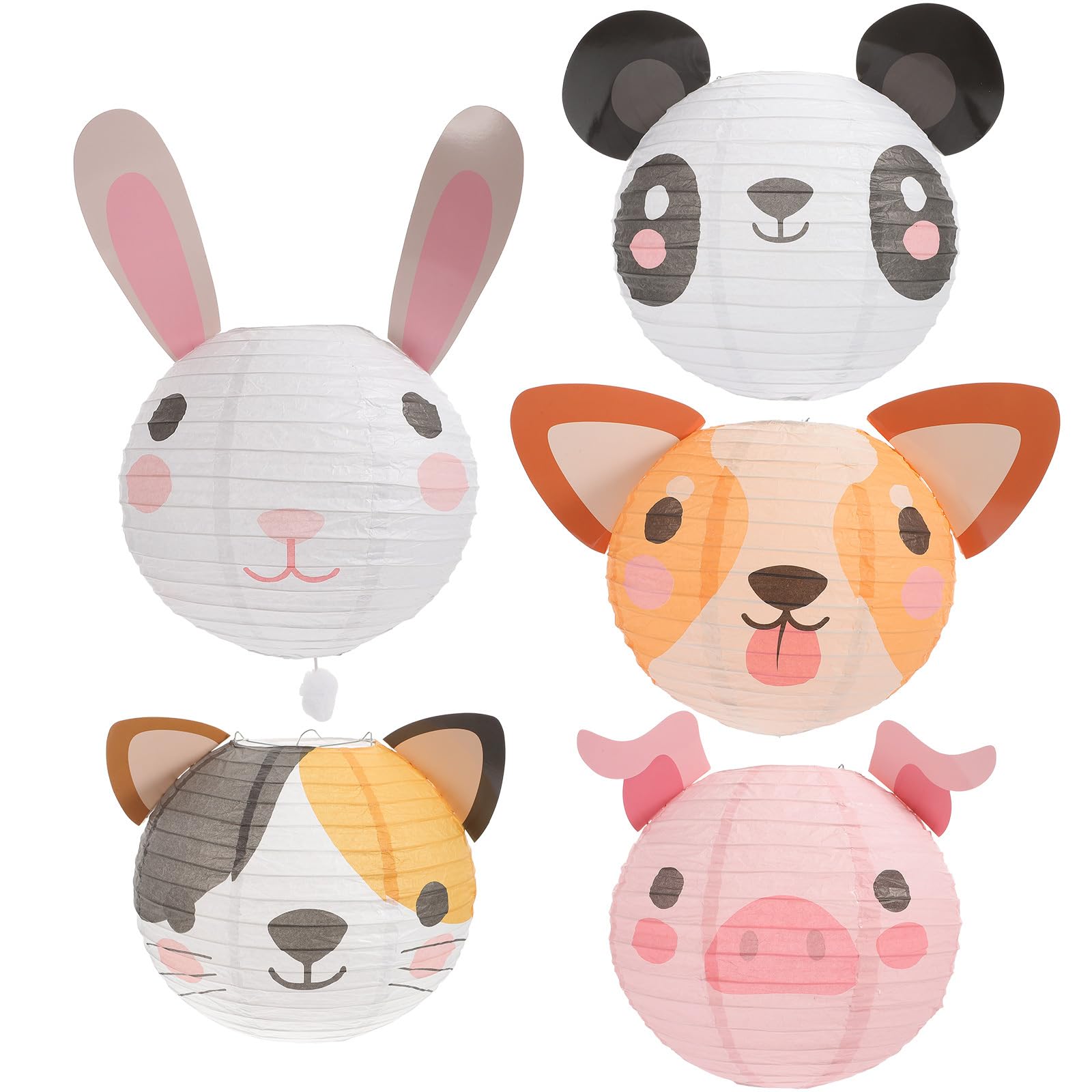 Gadpiparty 5 Paper Lanterns - Jungle & Farm Theme Party Decorations with Panda, Pig, Rabbit, Foldable Hanging Decor for Birthday, Nursery, Classroom