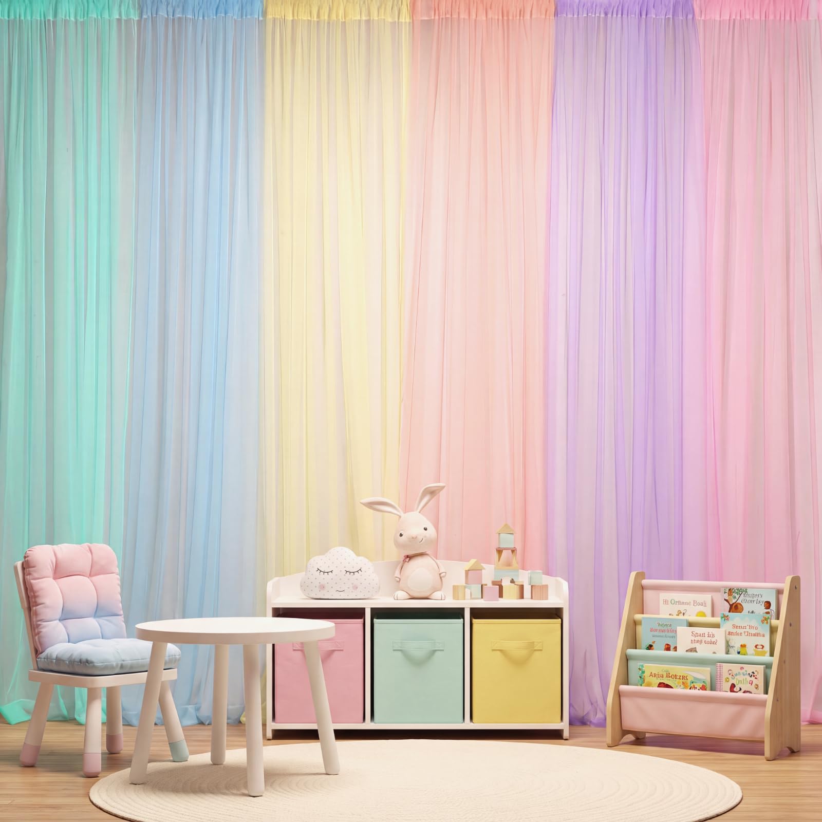 Tatuo Pastel Rainbow Backdrop Curtains Sheer Curtain Tulle Panels for Kid Baby Shower Unicorn Birthday Party Window Classroom Decorations 6 Panels(354 inch/ 30 feet in Total Width,Bright Color)