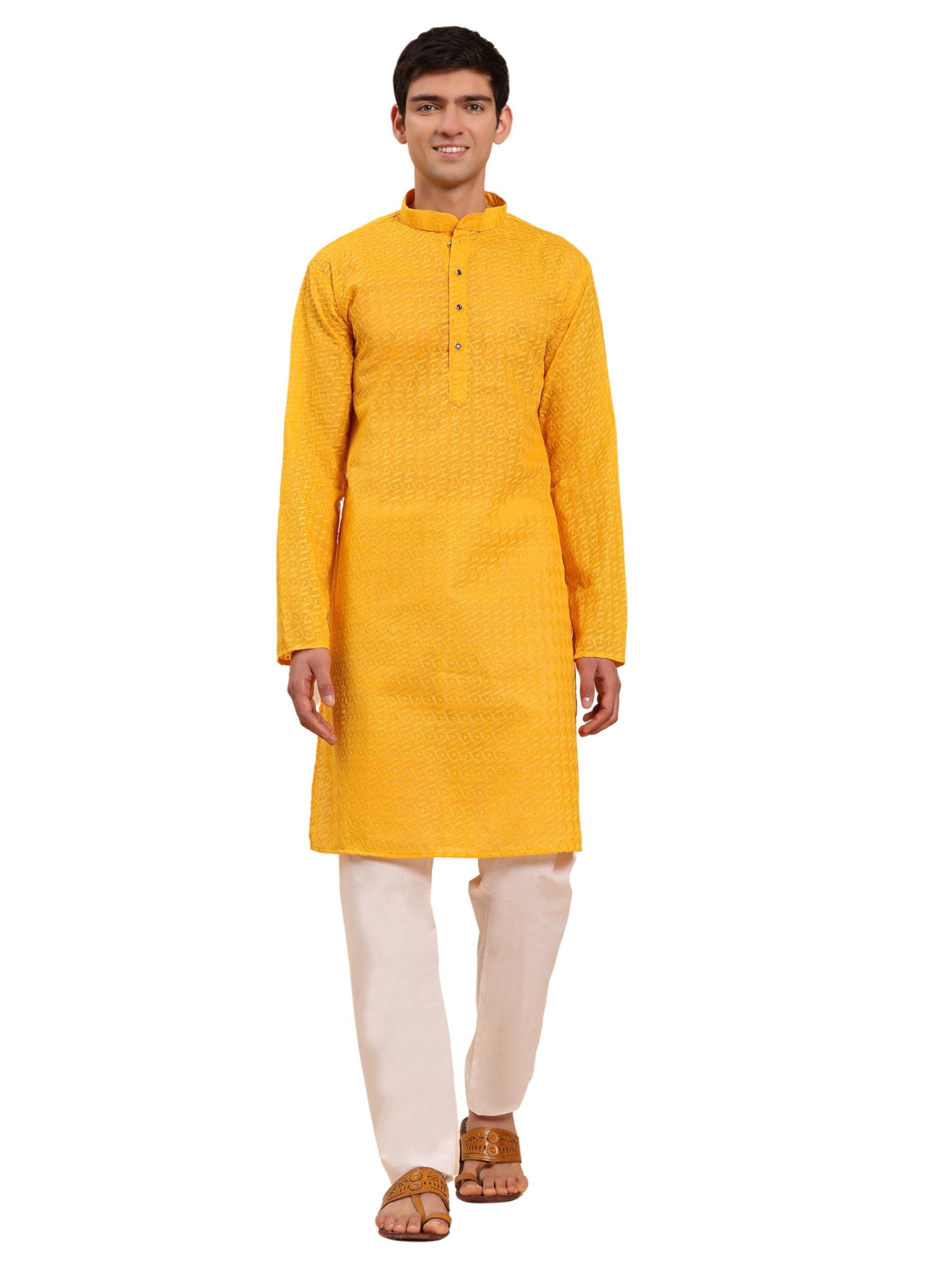 Men's Cotton Solid Embroidered Chikankari Kurta Pajama Set | Mandarin Collar (A-127)-image-27