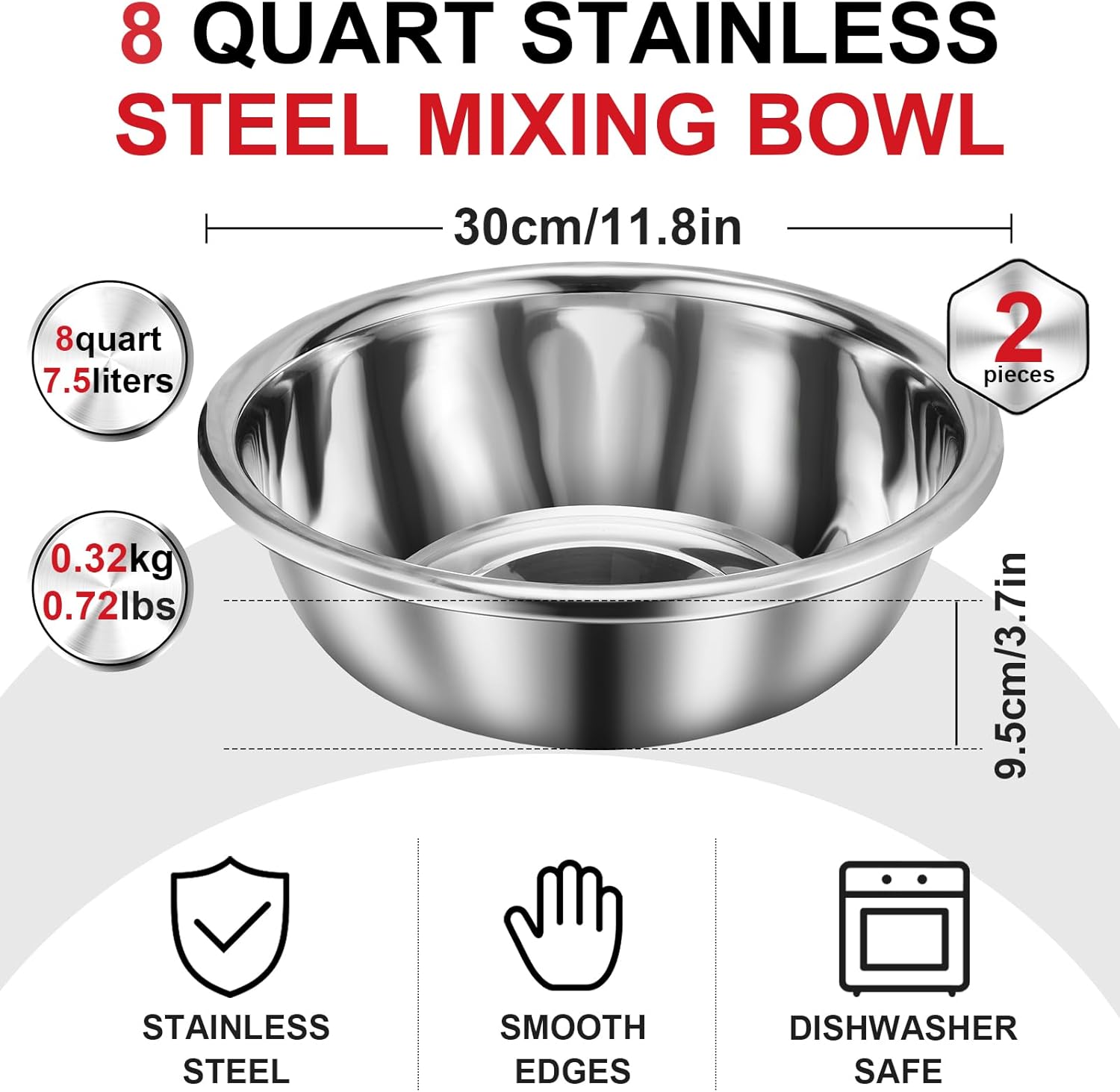 2 Pack Large Mixing Bowl Oversized All Purpose 304 Stainless Steel Polished Mirror Flat Base Metal Bowl for Home or Commercial Prepping Baking Mixing Marinating(8qt)