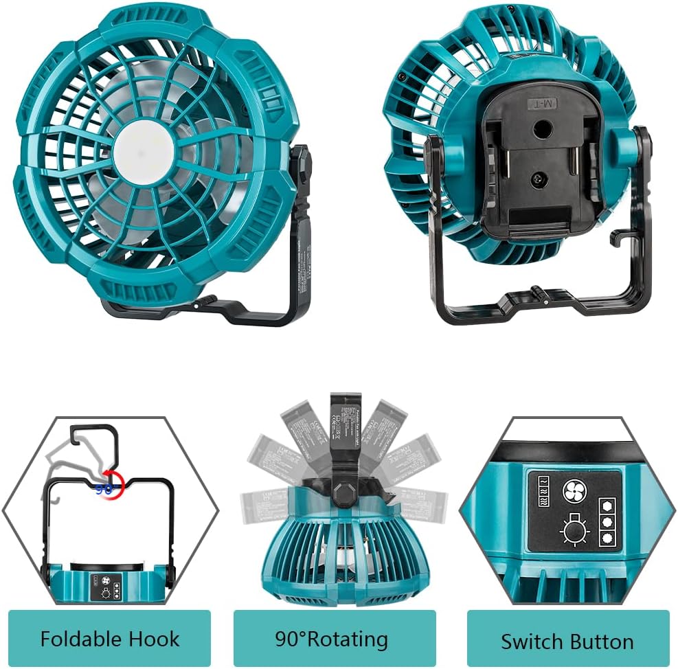 Fan for Makita 14.4V-18V Li-Ion Battery, Portable Camping Fan with Remote, 3 Speed Brightness, 4H Timer, Foldable Hook Rechargeable Cordless Jobsite Small Personal Fan