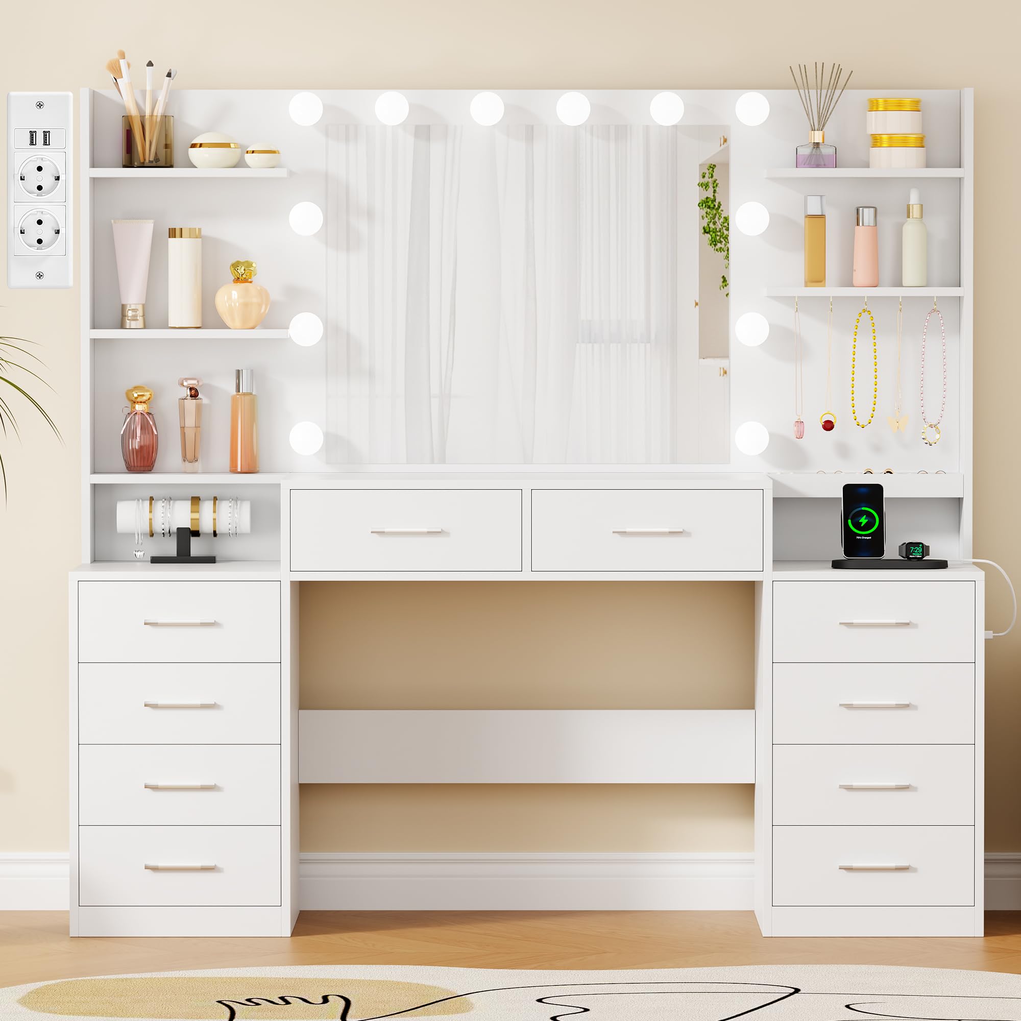 BEWISHOME Toletta da Trucco con Specchio Contenitore per Gioielli,Toletta da Trucco con Luci LED e Prese,Luminosità Regolabile,Toeletta con 10 Cassetti,5 Aperti,5 Ganci,Moderno Bianco EFST52M