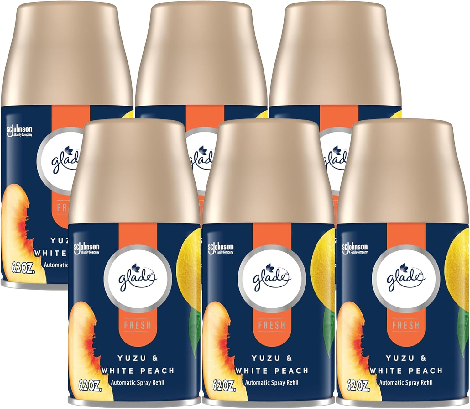 Glade Automatic Spray Refill, Air Freshener for Home and Bathroom, Yuzu & White Peach, Fresh Collection, 6.2 Oz, 6 Pack