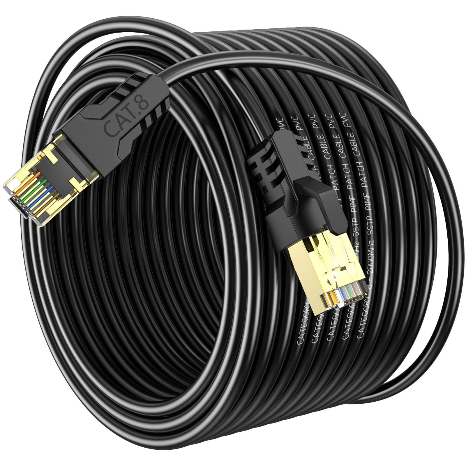 Câble Ethernet Cat 8, haute vitesse 40 Gbit/s, 2000 MHz, 26 AWG, cable RJ45 plaqué or, résistant aux UV, pour PC/modem/routeur/jeux, plus rapide que Cat7/Cat6/Cat5 (75FT)