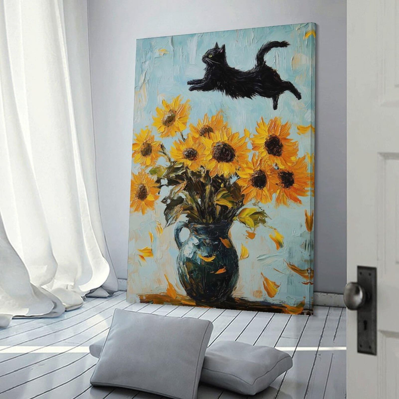 Junmoney Black Cat And Sunflowers Room Decor Wall Art, 24x36inch(60x90cm), for Office, Study Or Home Workspace, Decorative Artwork for Productive Spaces