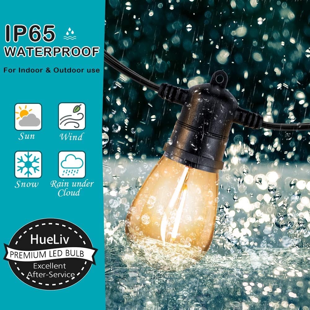 40% оƒƒ Dіѕсоunt HueLiv 96 FT Outdoor String Lights, WarmWhite LED Patio Lights, 34 Bulbs, Commercial-Grade ETL Approved Waterproof Decorative Lights, Bistro Backyard Cafe, Outdoor/Indoor, 1W, 2 Pack 48FT, Christmas