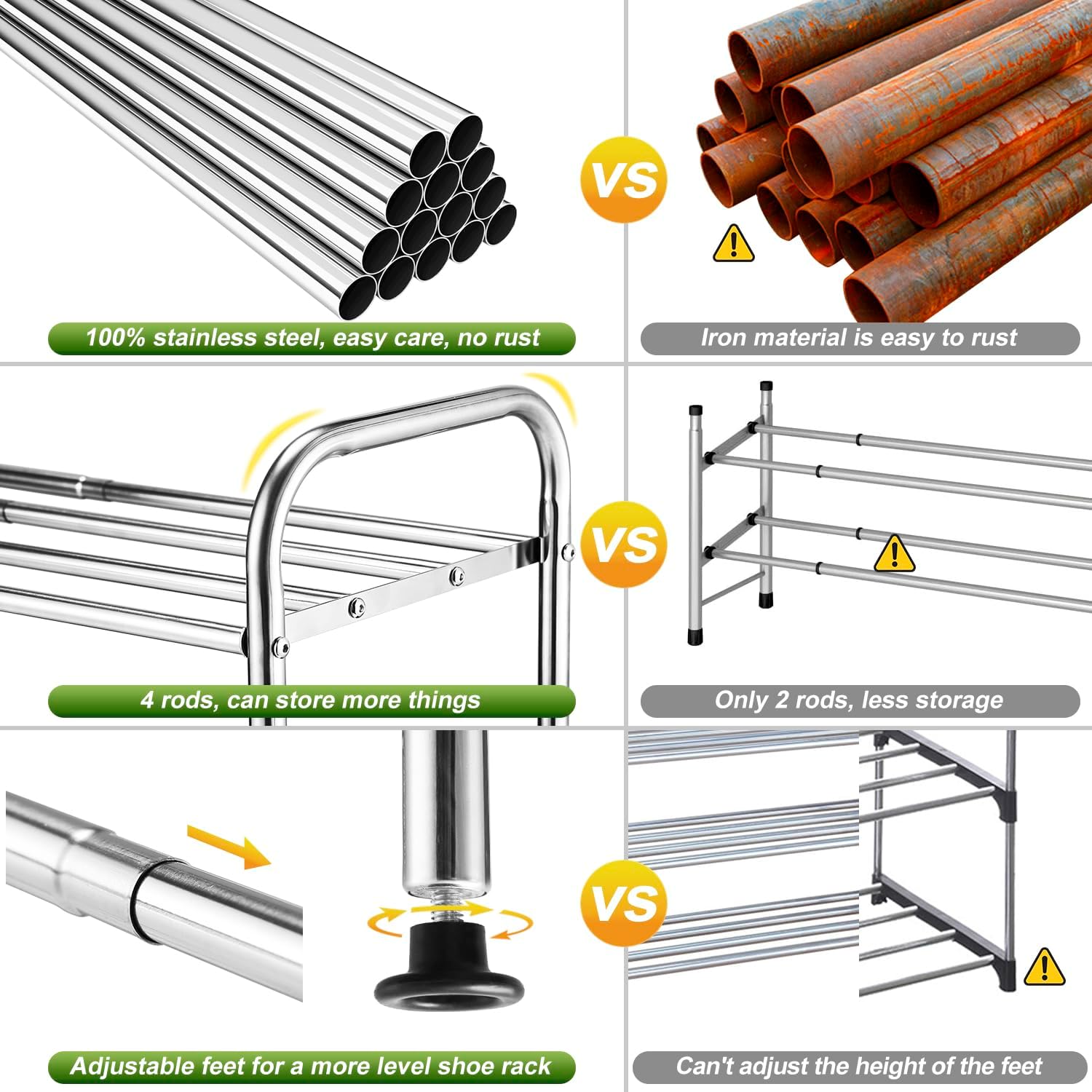 4-Tier Expandable Shoe Rack - Adjustable Width & 100% Stainless Steel | 4 Rods Per Tier | Adjustable Feet | Multi-Functional Metal Shelf for Closet, Stair Sides, Entryway, Heavy Duty (Silver)