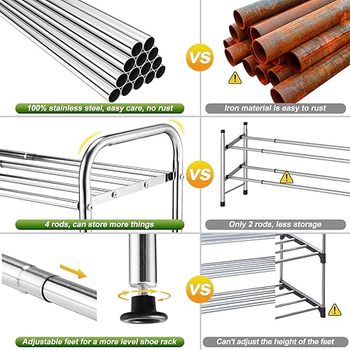 Miniatura 5 de Zapatero expandible de 4 niveles, ancho ajustable y 100% acero inoxidable, 4 varillas por nivel, patas ajustables, estante de metal multifuncional