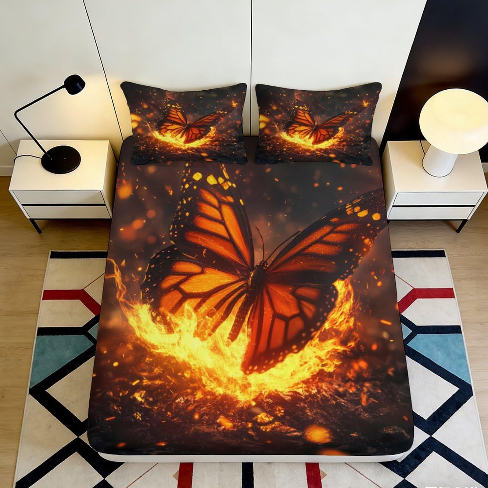 Decorative Butterfly Fitted Sheet 3D Printed, Microfiber Soft Touch, Flame Pattern Bed Cover, Wrinkle Resistant, Guest Room Bedding, Easy Care, Bedroom Decor 112 90x200x25cm