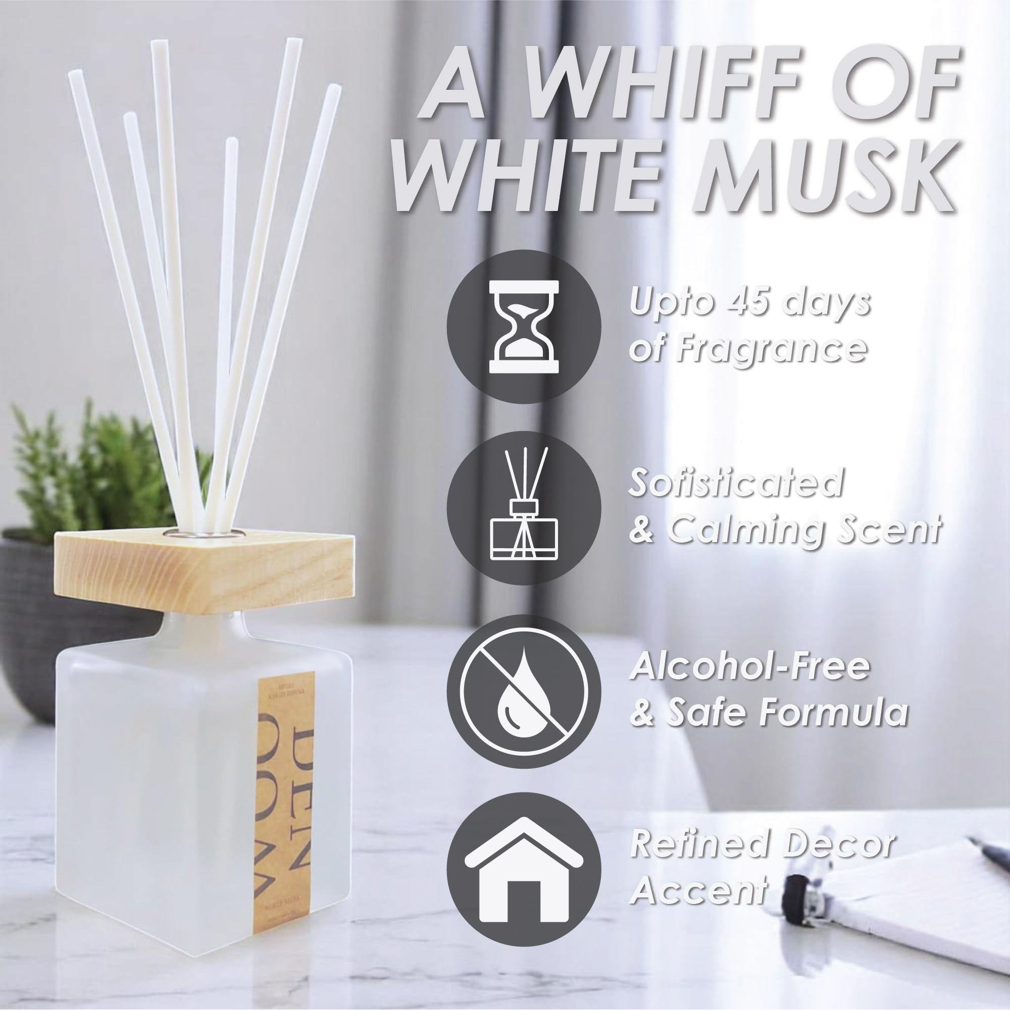 WLINDER White Musk Reed Diffuser Set (White Musk) – 6.7oz Gift Pack | Long-Lasting Aromatherapy Room Freshener with 6 Natural Rattan Sticks | Elegant Gift-Ready Packaging for Home, Office