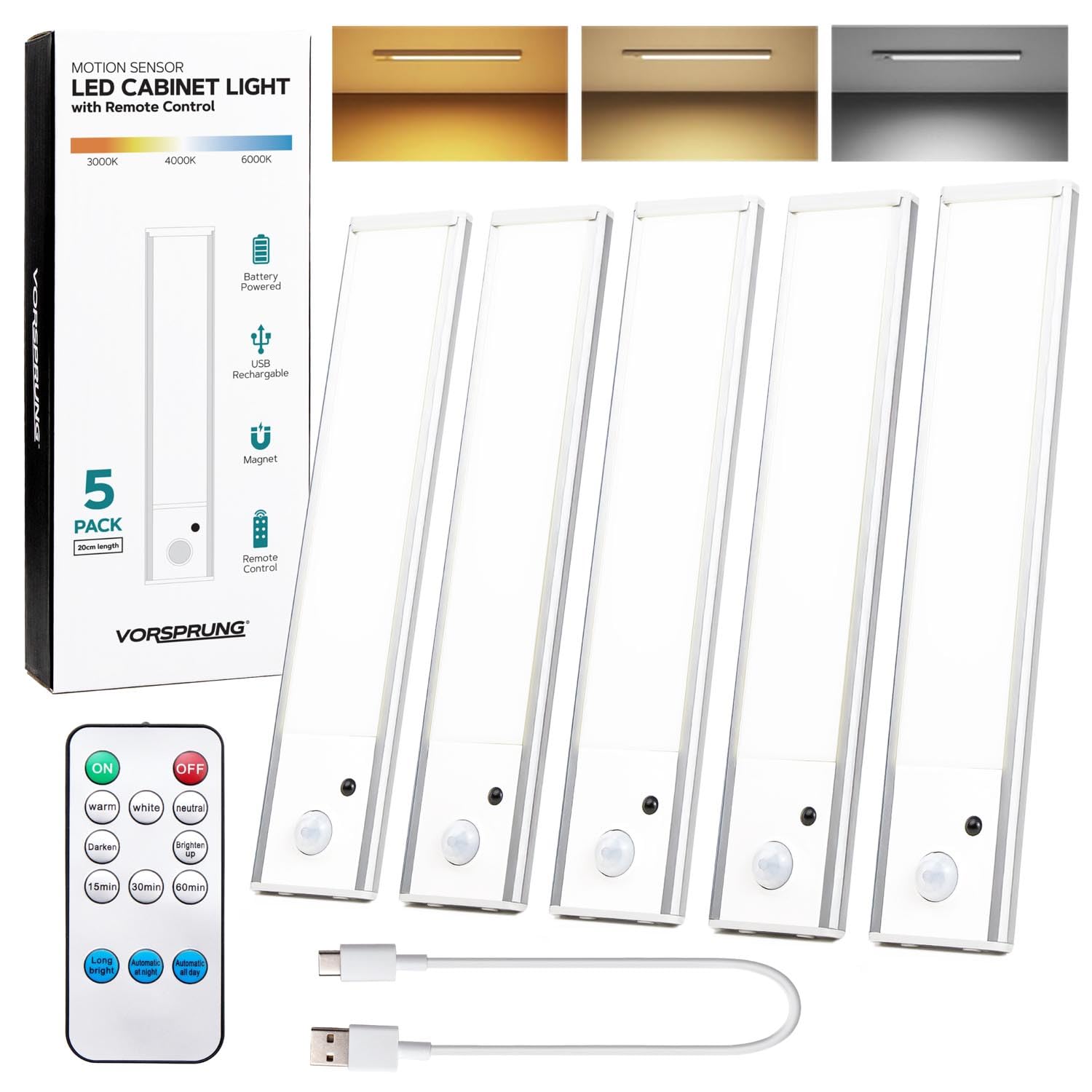 Vorsprung Silver Vorsprung® Under Cabinet Led Lights, 5 Pack Of 6000K Dimmable,Wireless, Usb Rechargable, Motion Sensor Wardrobe Lights With Remote Control For Kitchen,Stairs,Pantry,Cupboard [Energy Class A]