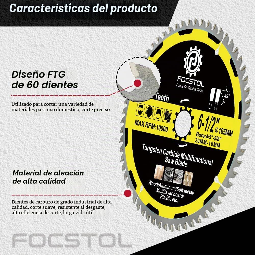 FOCSTOL Hoja Sierra Circular para Madera 165mm x 20/16mm - Disco para Corte Madera con 60 Dientes Para Plástico Aluminio Cobre