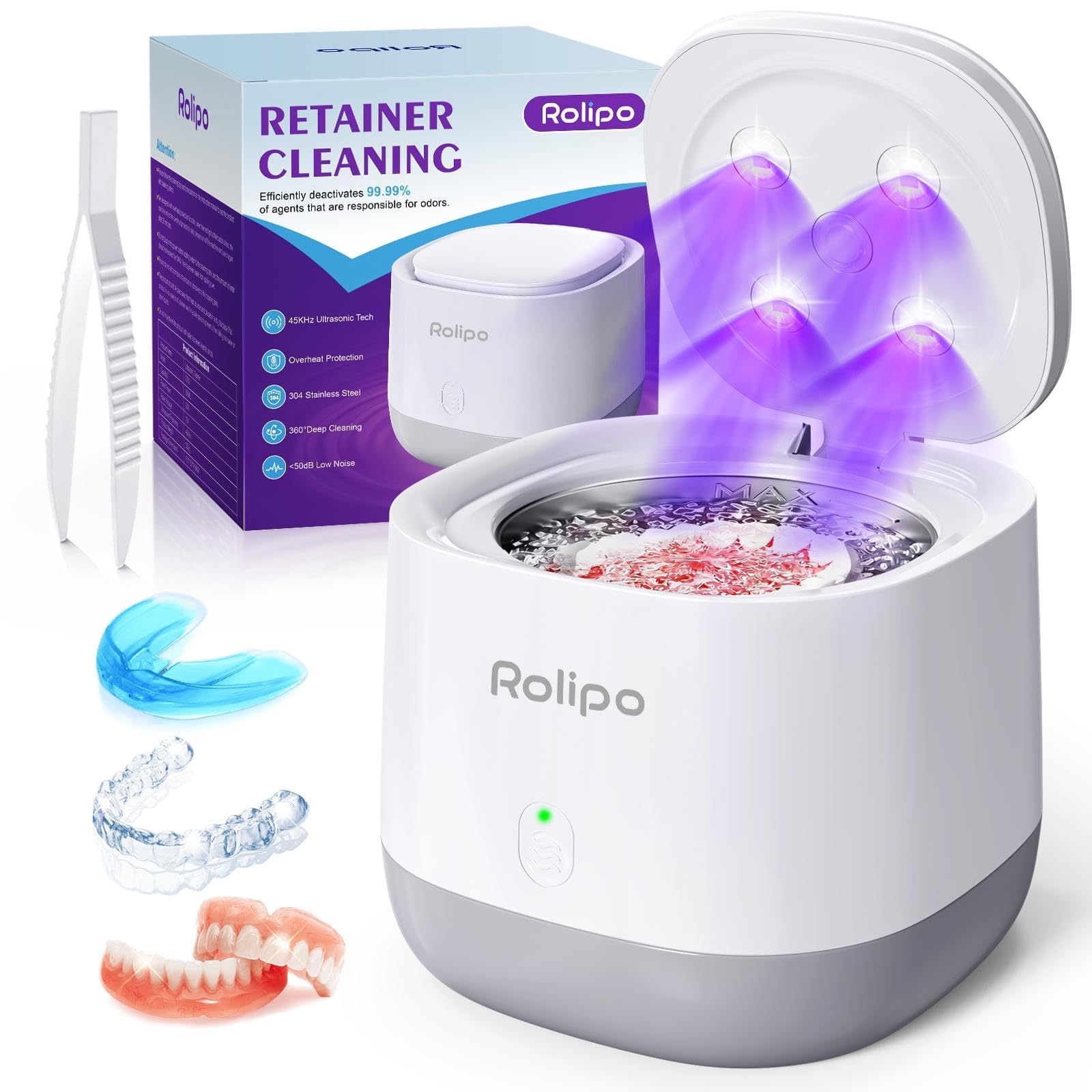 Rolipo Dispositivo di pulizia a ultrasuoni, 45 kHz, per protesi dentali, 320 ml, in acciaio inox, con 4 luci UV, pulitore a ultrasuoni per gioielli e testine dello spazzolino da denti, kit di