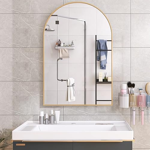 Beauty4U Espejo de baño arqueado, espejo de baño de arco de 26 x 38 pulgadas para pared, espejo dorado para tocador de baño, para sala de estar,