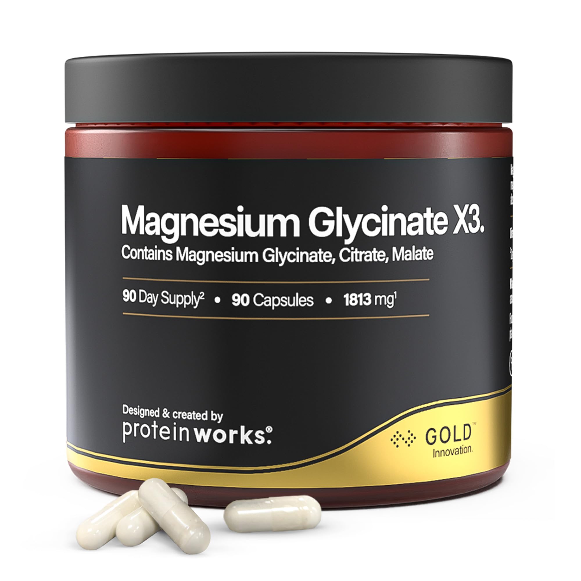 Magnesium Glycinate X3 – GOLD Innovation, 3-in-1 Komplex, 1800 mg Triple-Stärke Bisglycinat, Citrate & Malate, Elektrolyt-Balance, gegen Müdigkeit, beruhigend für Schlaf, 90 Kapseln | Protein Works