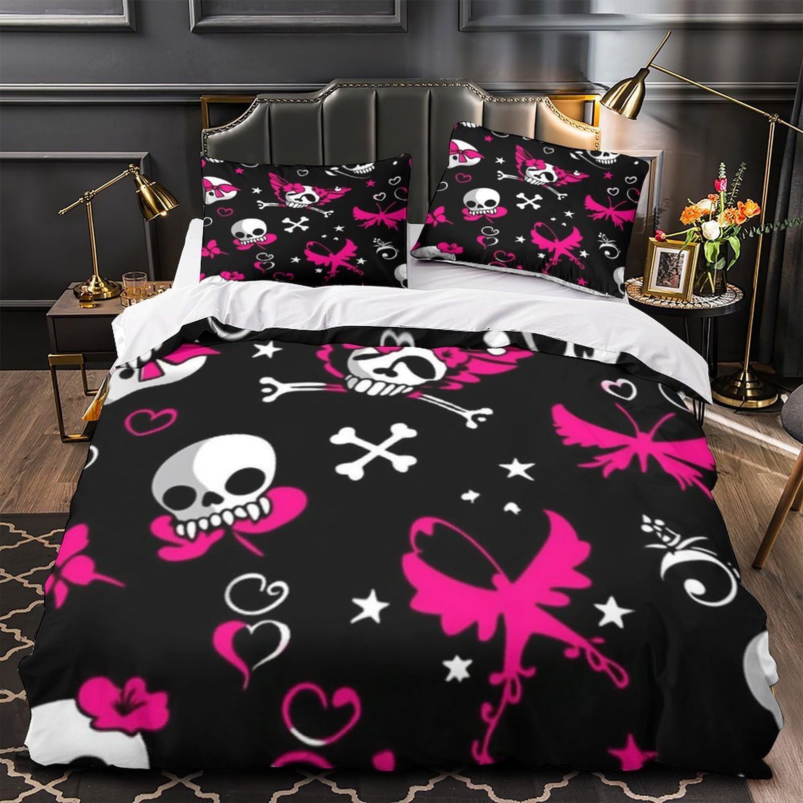 Housse de couette crâne rose hypoallergénique pour lit enfant 3D