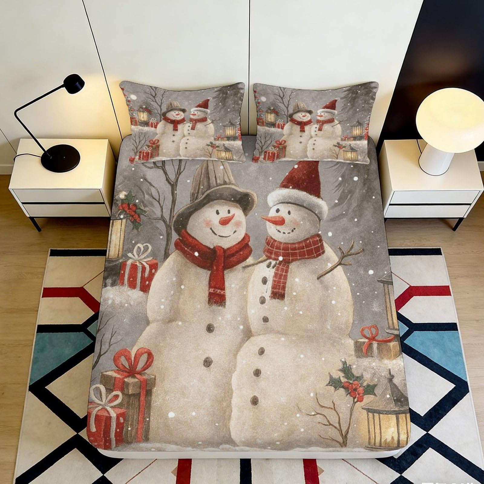 Pnayamiorkfel Style-6 3D Printed Snowman Christmas Fitted Sheet Microfiber Winter Bed Cover For Bedroom Guest Room Decor 90X200x25cm