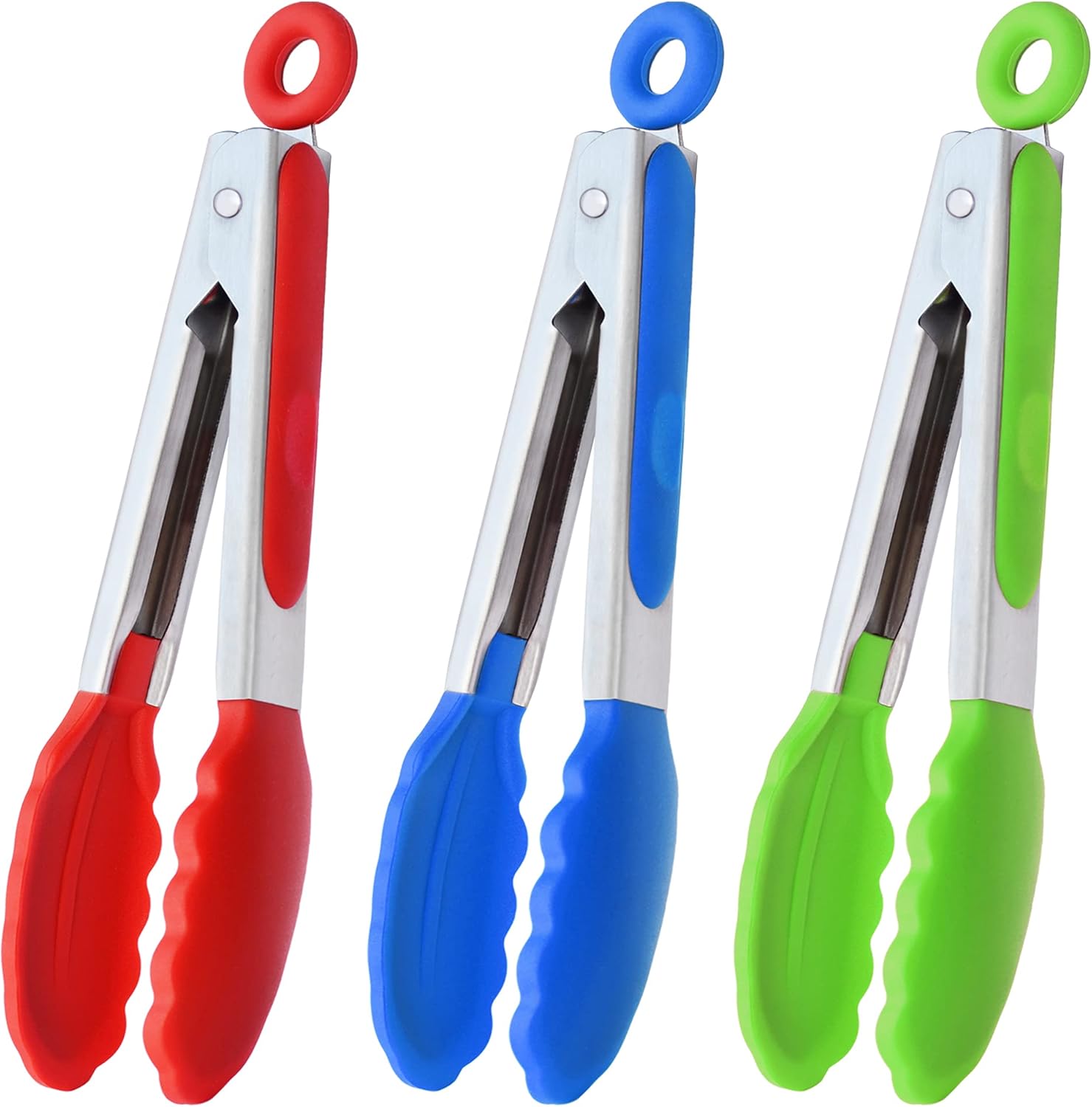 Mini Tongs with Silicone Tips 7-Inch Serving Tongs, Set of 3 (Red Blue Green) Mini Tongs with Silicone Tips 7-Inch Serving Tongs, Set of 3 (Red Blue Green)