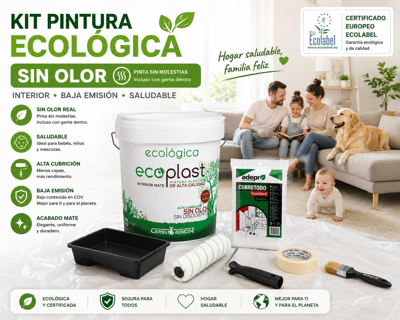 CEPLAST Kit Pintura Ecológica Interior 4L – Certificado Ecolabel, Sin Olor y Baja Emisión, Incluye Rodillo, Cubeta y Accesorios – Pintura Blanca Mate para Hogar Saludable