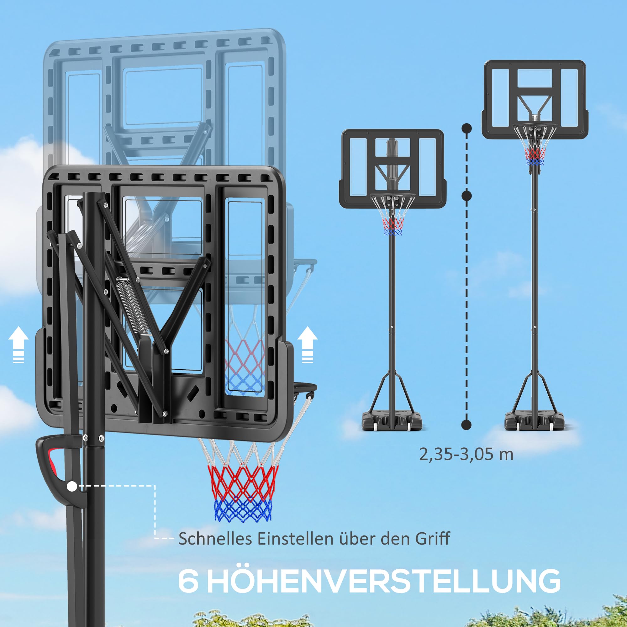 Cestino Da Basket Sportnow Regolabile 182-250cm – Portatile Con Ruote Per Esterno