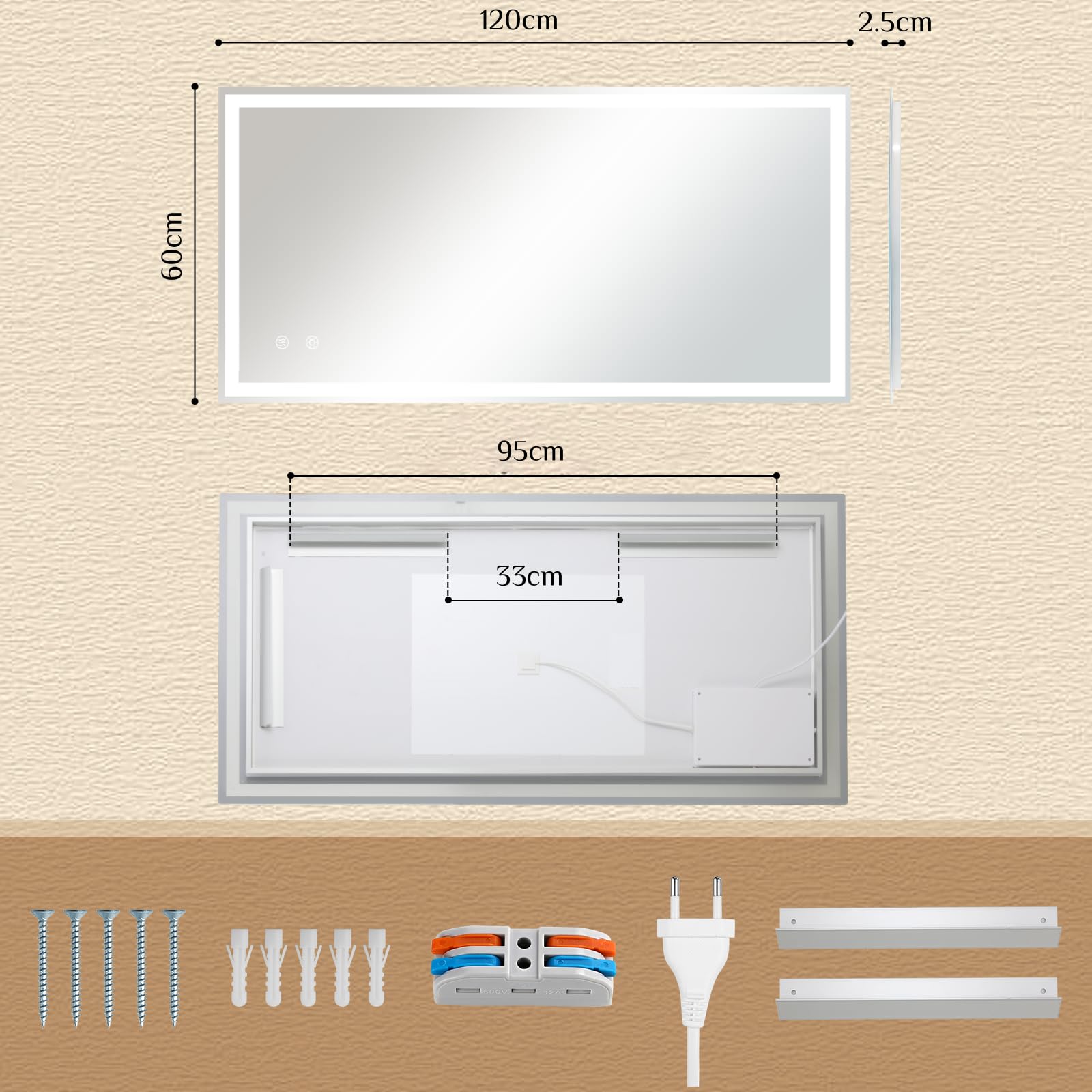 Clevich Specchio da bagno con illuminazione 120 x 60 cm, specchio LED con 3 colori di luce, dimmerabile, vetro temperato, protezione contro le esplosioni, interruttore touch, funzione memoria