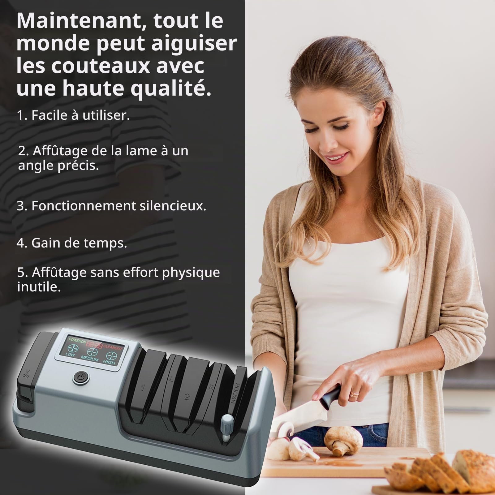 Aiguiseur Couteaux électrique, Aiguiseur De Couteaux Professionnel En Diamant Avec écran LCD, Système D'affûtage De Couteaux En 3 étapes Avec Diamant, Guides Précis, Tranchant Lisse à 15 Degrés