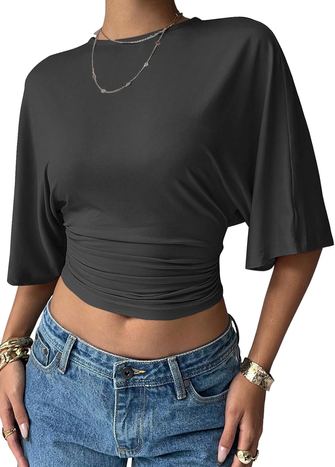 LOLONG Womens Crew Neck Half Sleeve Ruched Shirts Summer 2026 Casual Cinched Waist Crop Tops