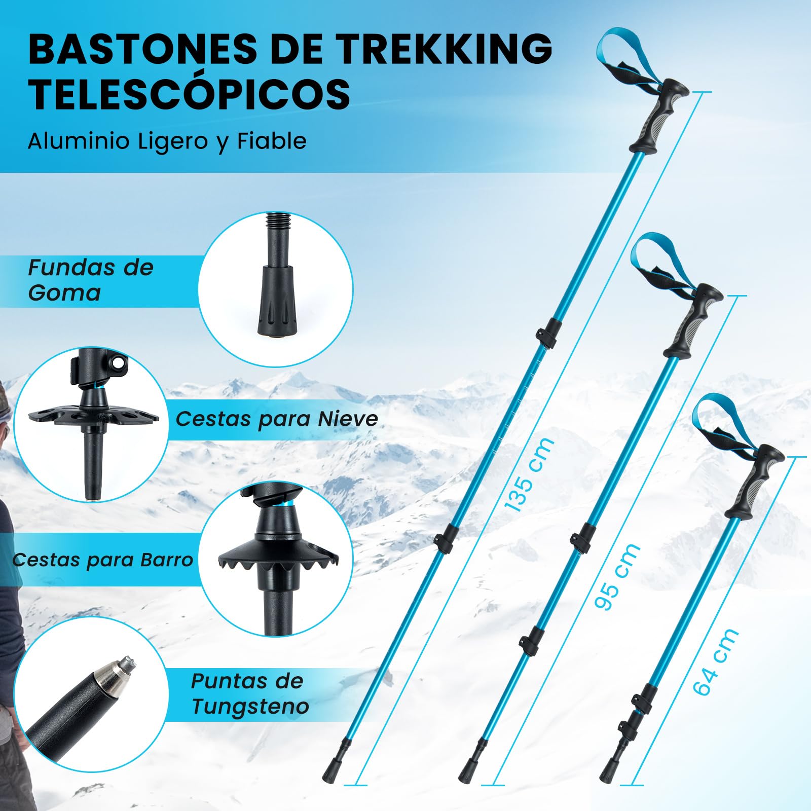 COSTWAY Juego de Raquetas Nieve Ligero de Alumnio de 62 cm y Bastones de Trekking para Unisex Adulto y Niño, Carga de 90 kg, con Cierres de Trinquete Ajustables, Puntera, Barra Pivote Flexible, Azul