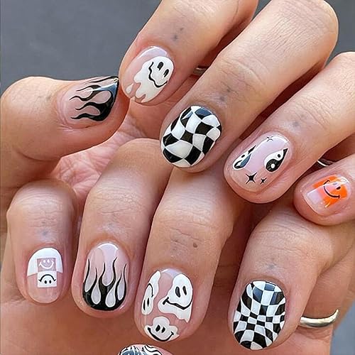 Uñas postizas cuadradas cortas a presión para Halloween, uñas acrílicas brillantes de color rosa con llama fantasma, diseños de tablero de Otelo, disponible en Yaxa Peru