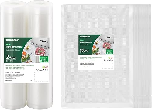 Bonsenkitchen Bolsas de sellado de alimentos al vacío, 2 paquetes de bolsas de almacenamiento de 8 pulgadas x 20 pies, sin BPA, bolsas de alimentos