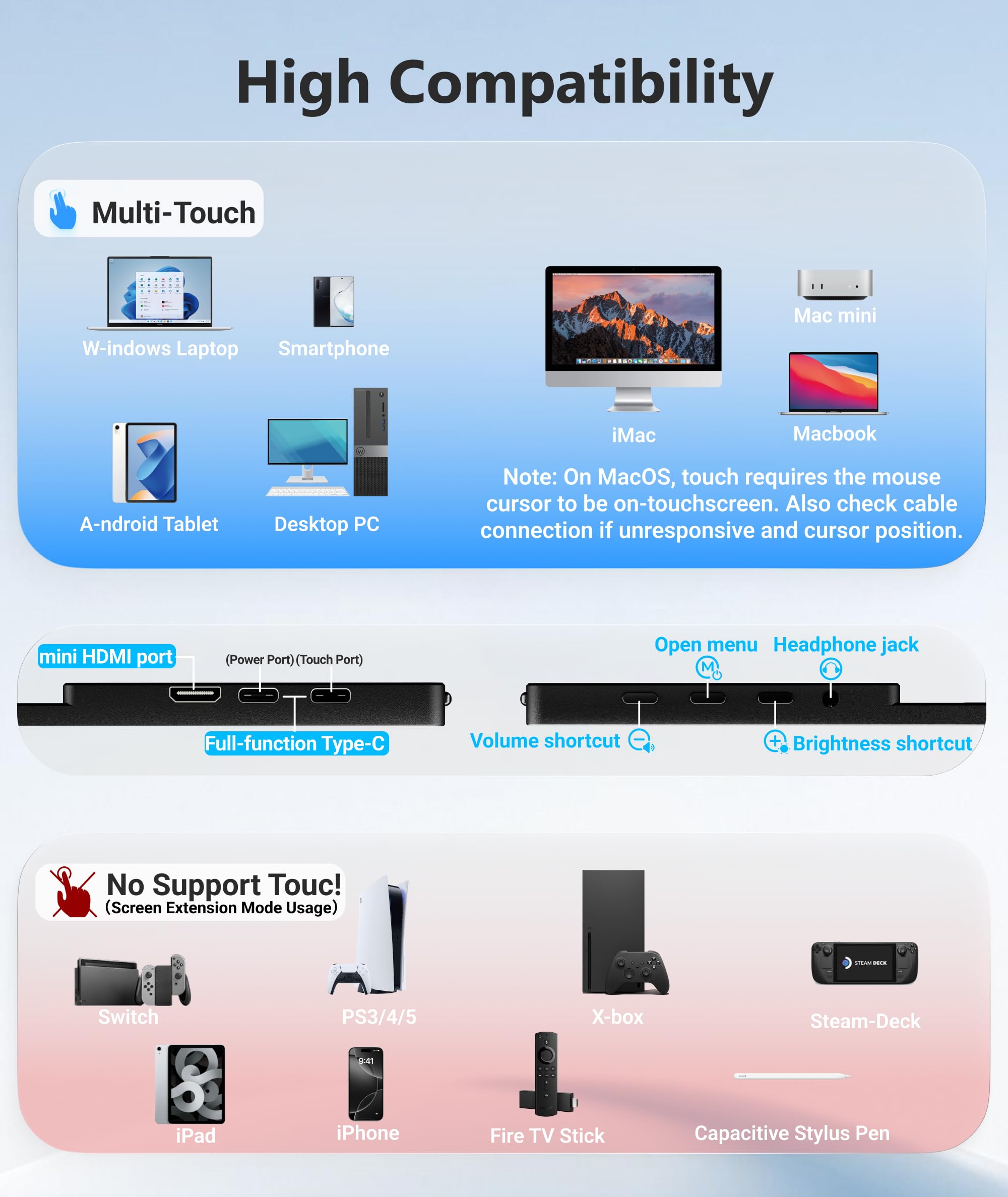 Ingnok Portable Monitor Touchscreen 15.6" FHD 10-Point Touch Screen Monitor W/Vesa & 360° Kickstand, 1200:1 USB-C Mini HDMI Ultra-Thin Travel Monitors for Laptop/PC/Macbook/Phone — view 7