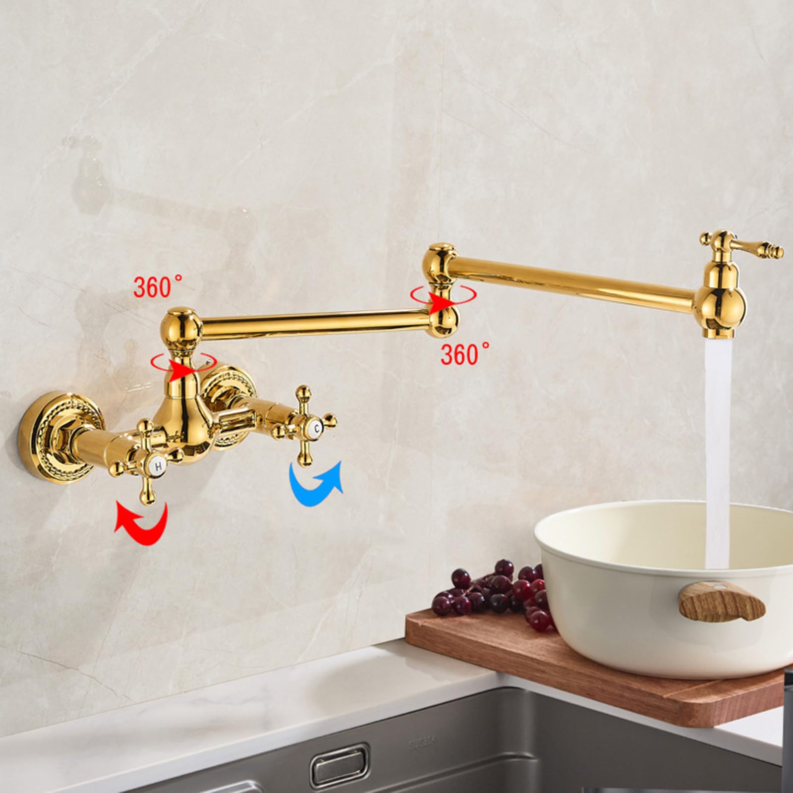 XJTNLB Küchenarmatur Wandmontage Wasserhahn Küche Wandmontage Faltbar Zweigriffmischer Küche Wandarmatur Retro Gold