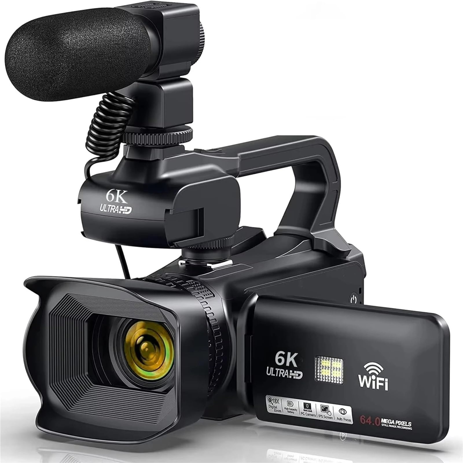 Profesjonalna kamera wideo 6K do fotografii, 18-krotny zoom cyfrowy noktowizor vlogowania 64MP WiFi transmisja na żywo internetowa Lekki(No card,Light-wireless mic)