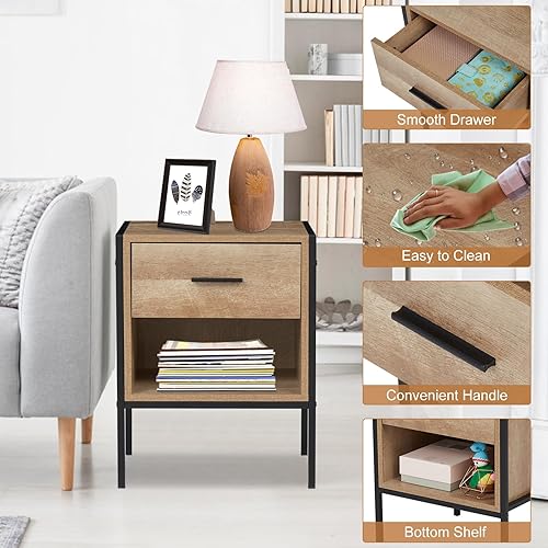 Miniatura 6 de kinbor Juego de 2 mesitas de noche rústicas para sala de estar, juego de 2, mesita de noche con cajón y estante, muebles para el hogar para espacios