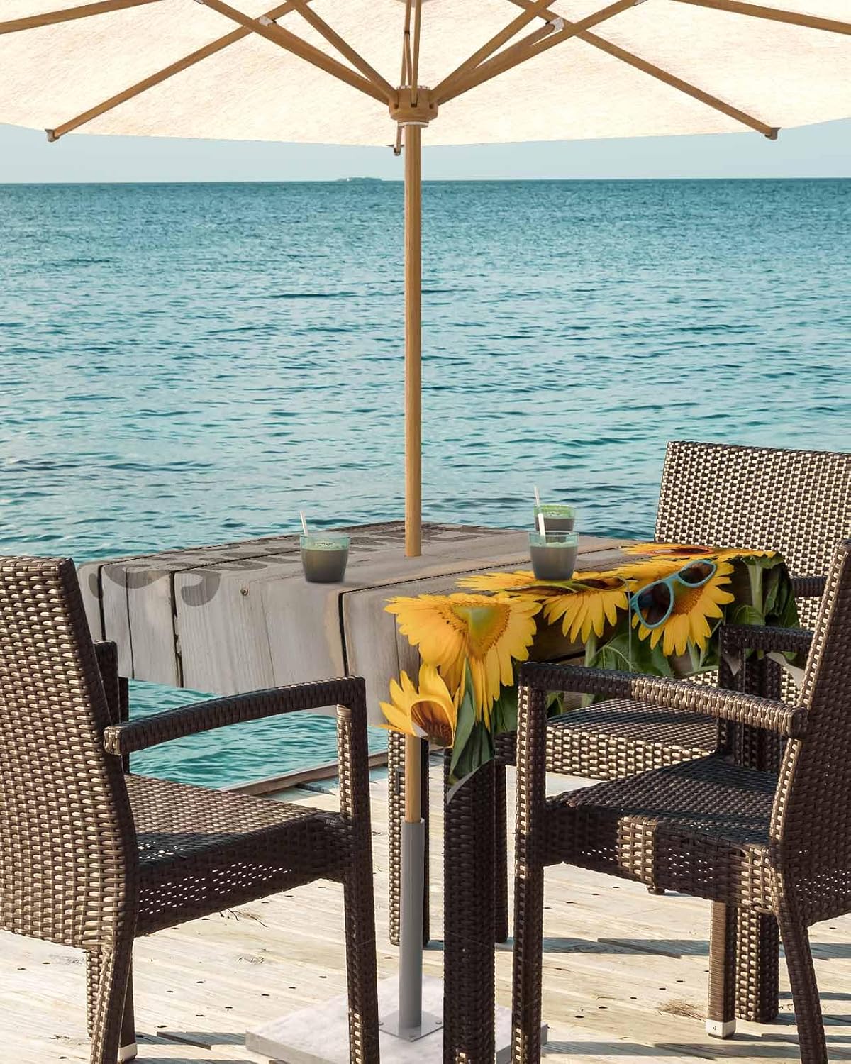 Outdoor Tablecloth with Umbrella Hole and Zipper 60" Square Hello Summer Rustic Sunflowers Wood Grain Water Repellant Table Cover Tabletop Collection for Party Patio Picnic