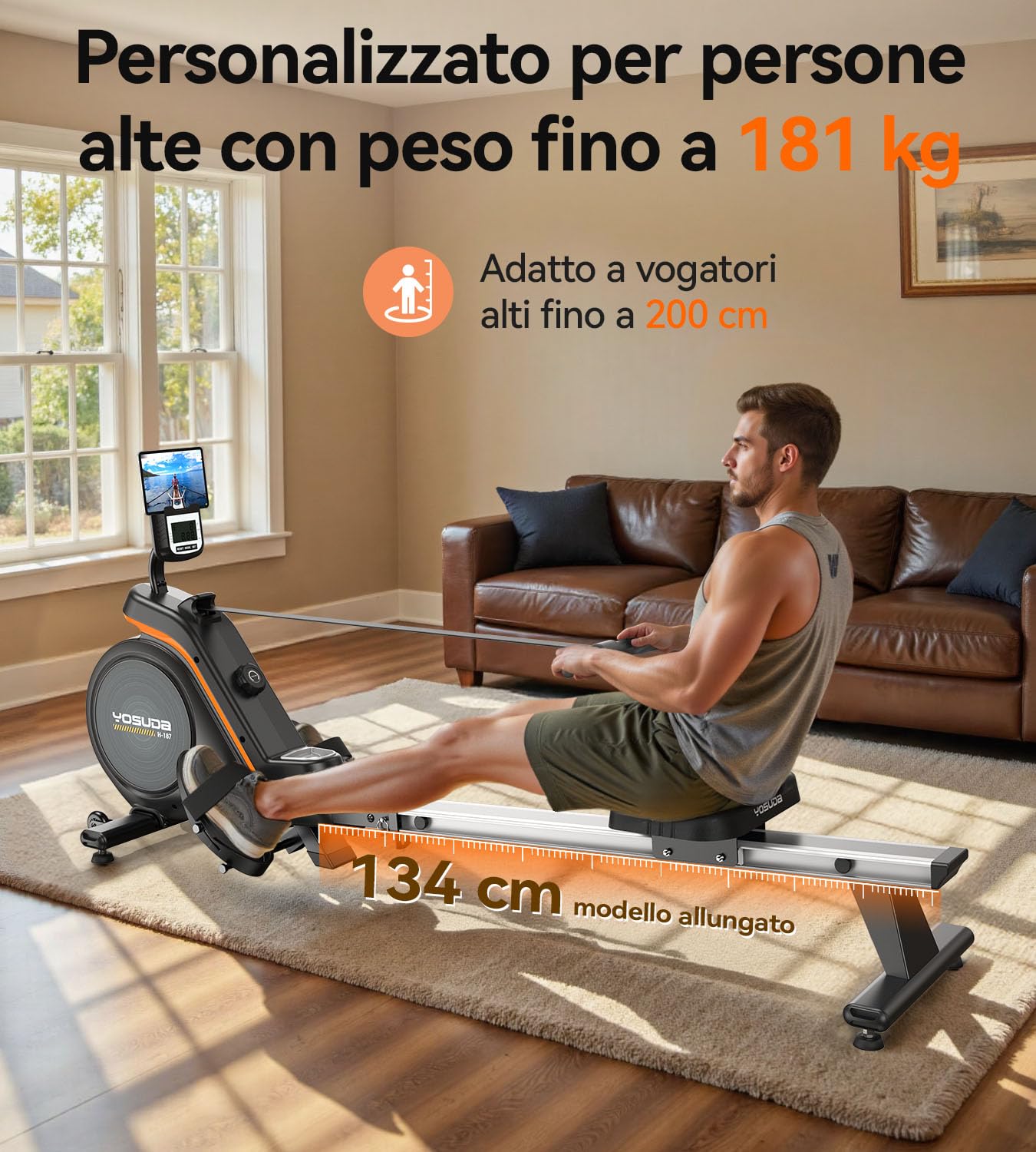 YOSUDA Vogatore magnetico, capacità di carico 158,8 kg, pieghevole per uso domestico, con monitor LCD, supporto per tablet e comodo cuscino per seduta - Vista 3