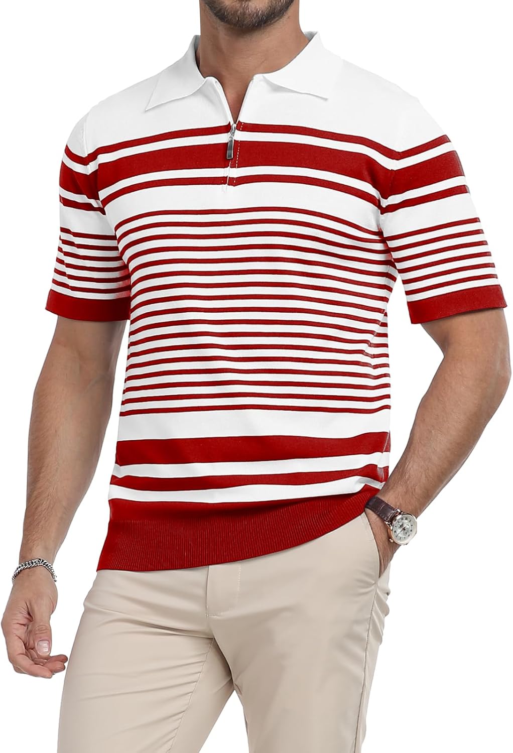 KUYIGO Men's Knit Collared Polo Shirts Short Sleeve Zipper Striped Tops Classic Fit Casual Soft T-Shirt