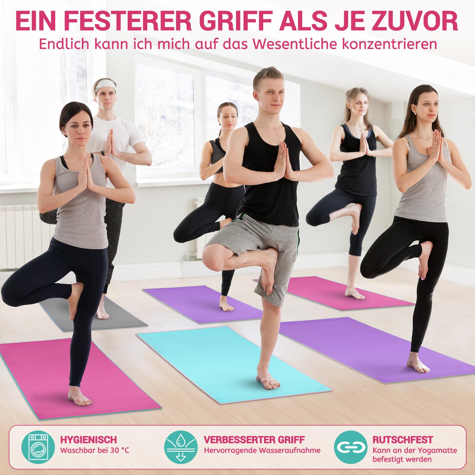 Novent Toalla de yoga antideslizante, 185 x 65 cm, toalla de yoga de microfibra con puntos antideslizantes, almohadilla higiénica para esterilla de yoga caliente, estudio y fitness, lavable